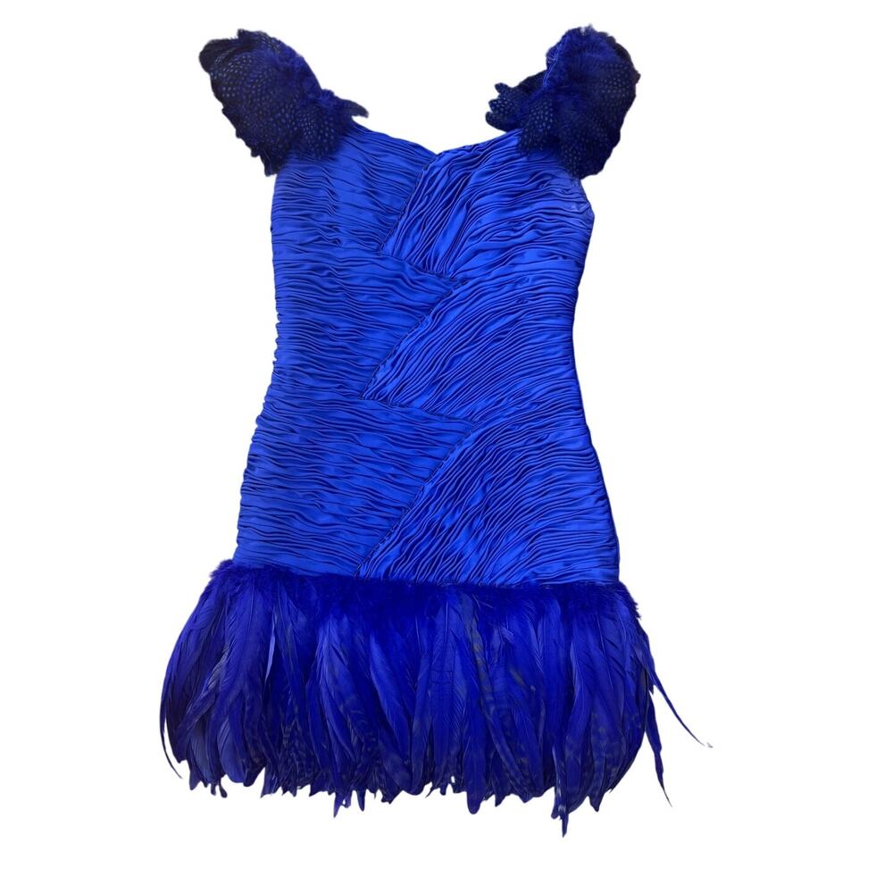 Vtg 80s Custom Made Cobalt Blue Feather Cocktail Dress Ruched Mini Showgirl S/M - Picture 2 of 10